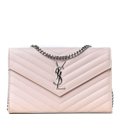 Saint Laurent Grain De Poudre Matelasse Chevron Monogram Chain Wallet Pink 1 of 8