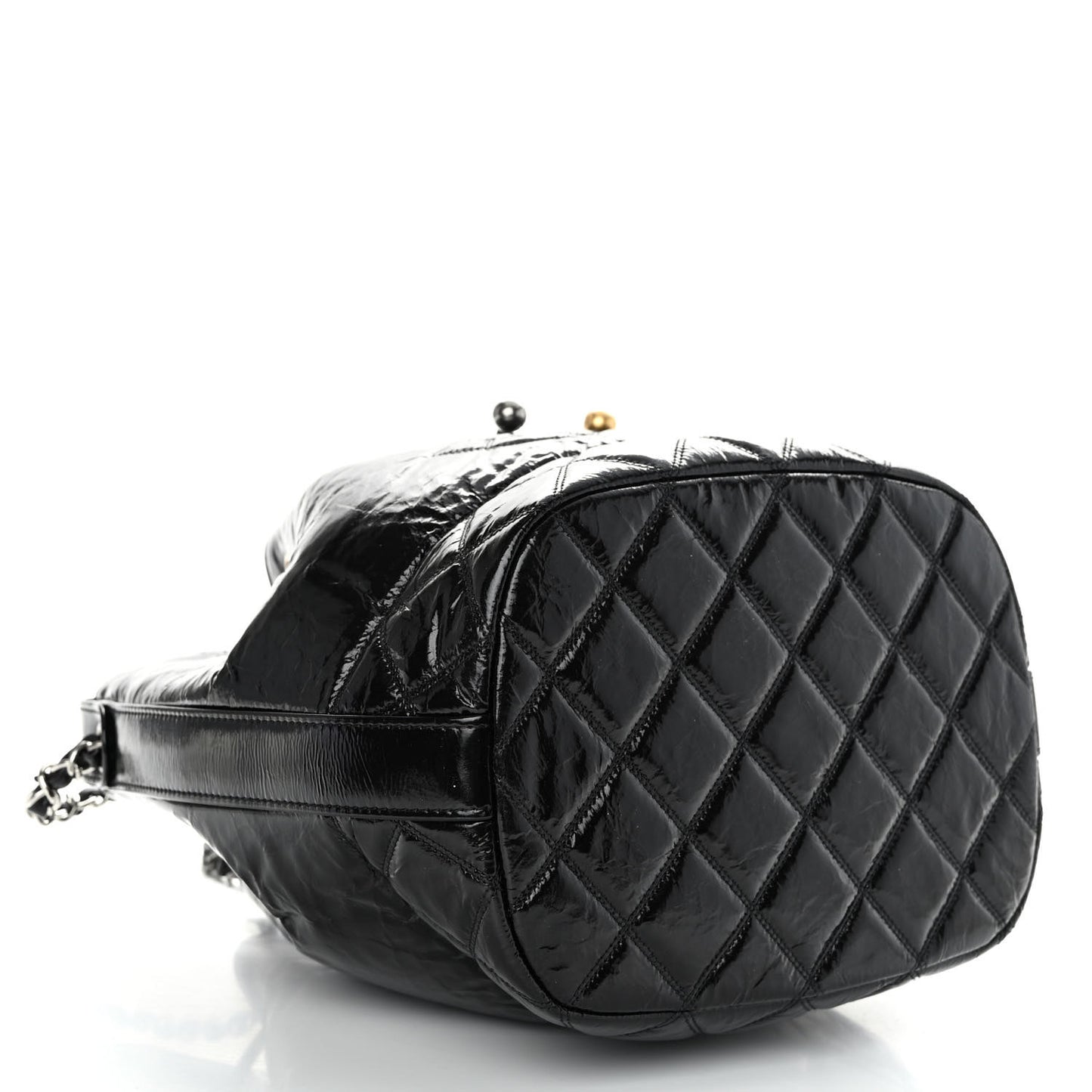 Shiny Aged Calfskin CC Chain Drawstring Bag Black