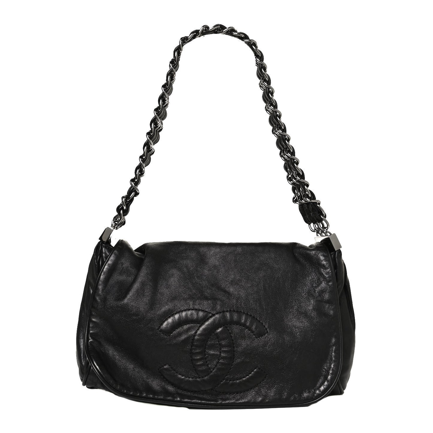 Calfskin Large Rock and Chain Flap Black