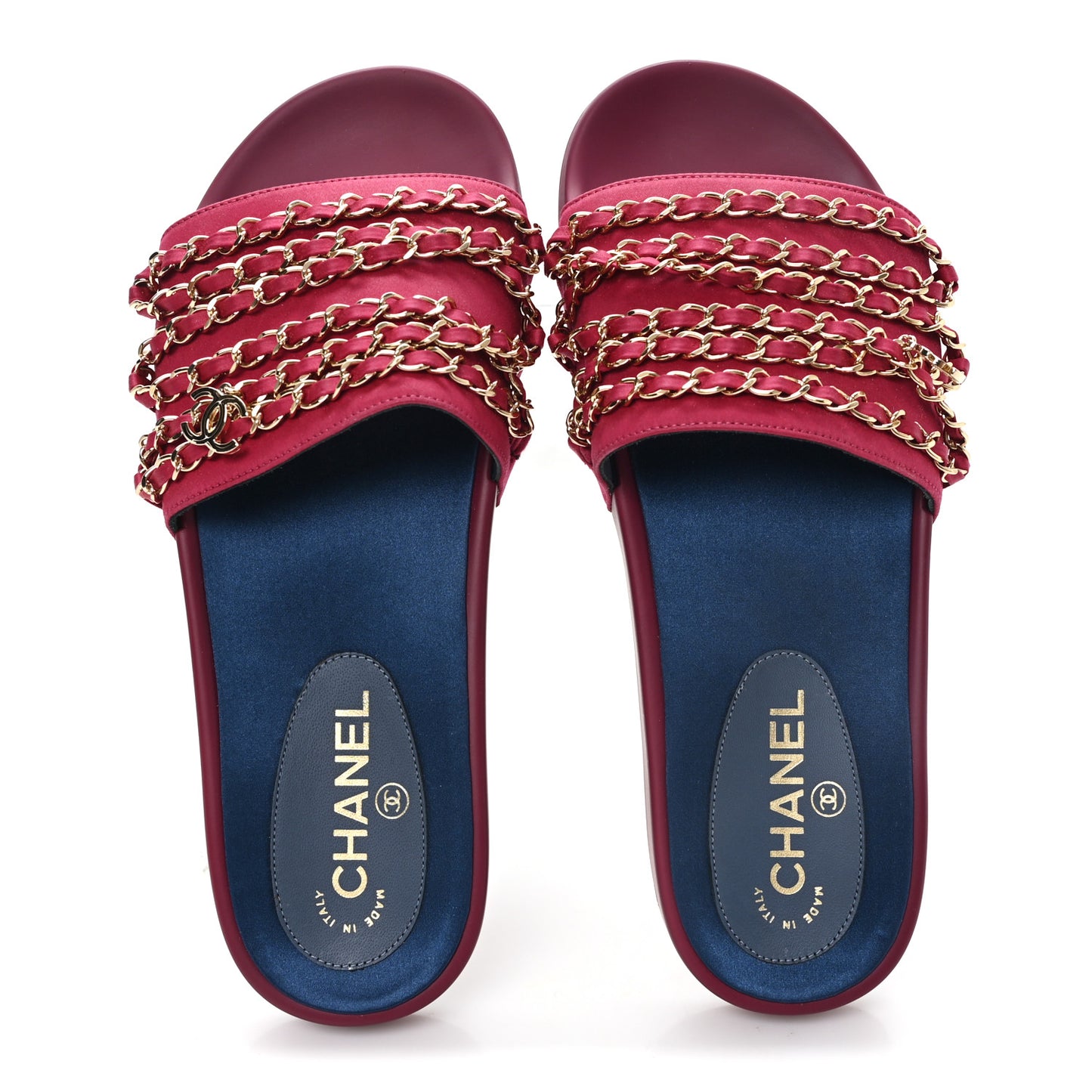 Satin Canvas Chain Slides Sandals Flats 40 Dark Fuchsia