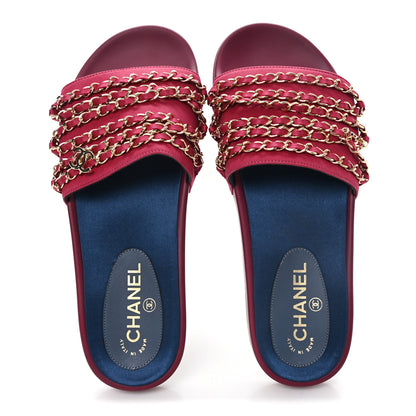 Chanel Satin Canvas Chain Slides Sandals Flats 40 Dark Fuchsia 2 of 9