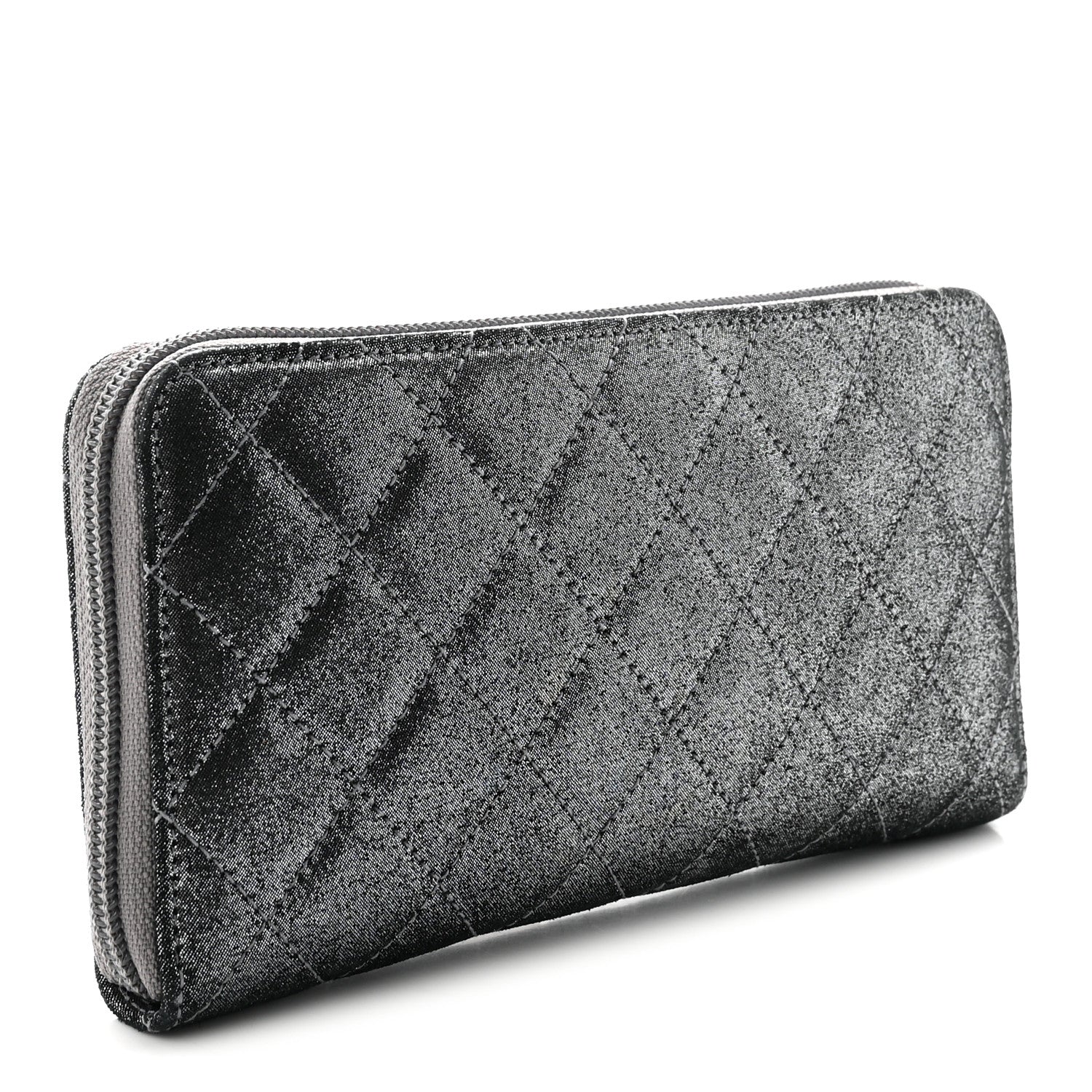 Chanel Iridescent Calfskin Quilted Tartan Button Zip Around Wallet Grey 3 of 7
