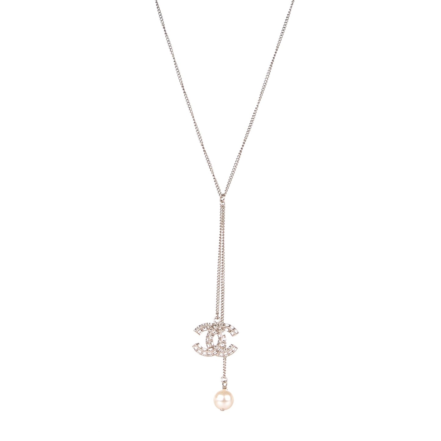 Baguette Crystal Pearl CC Necklace Silver