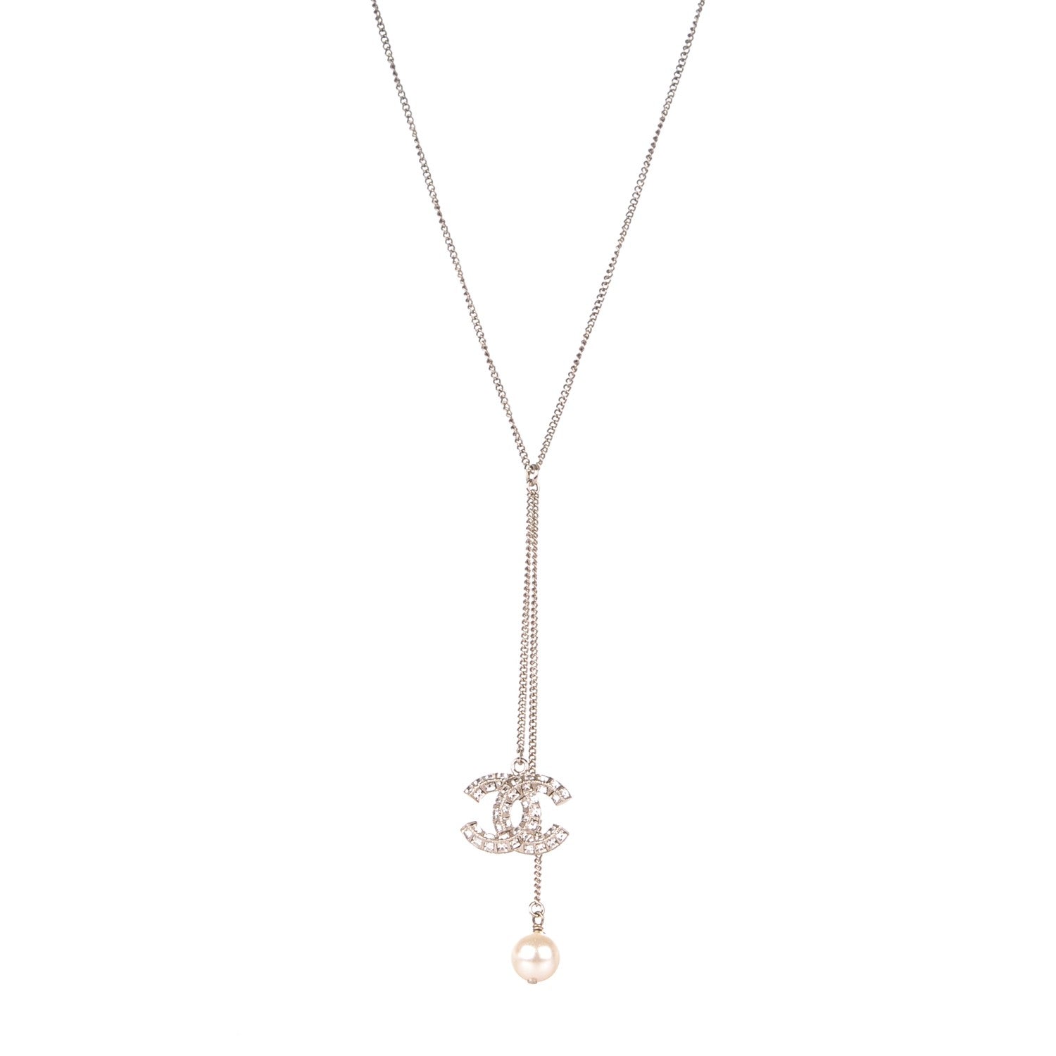 Chanel Baguette Crystal Pearl CC Necklace Silver 1 of 6