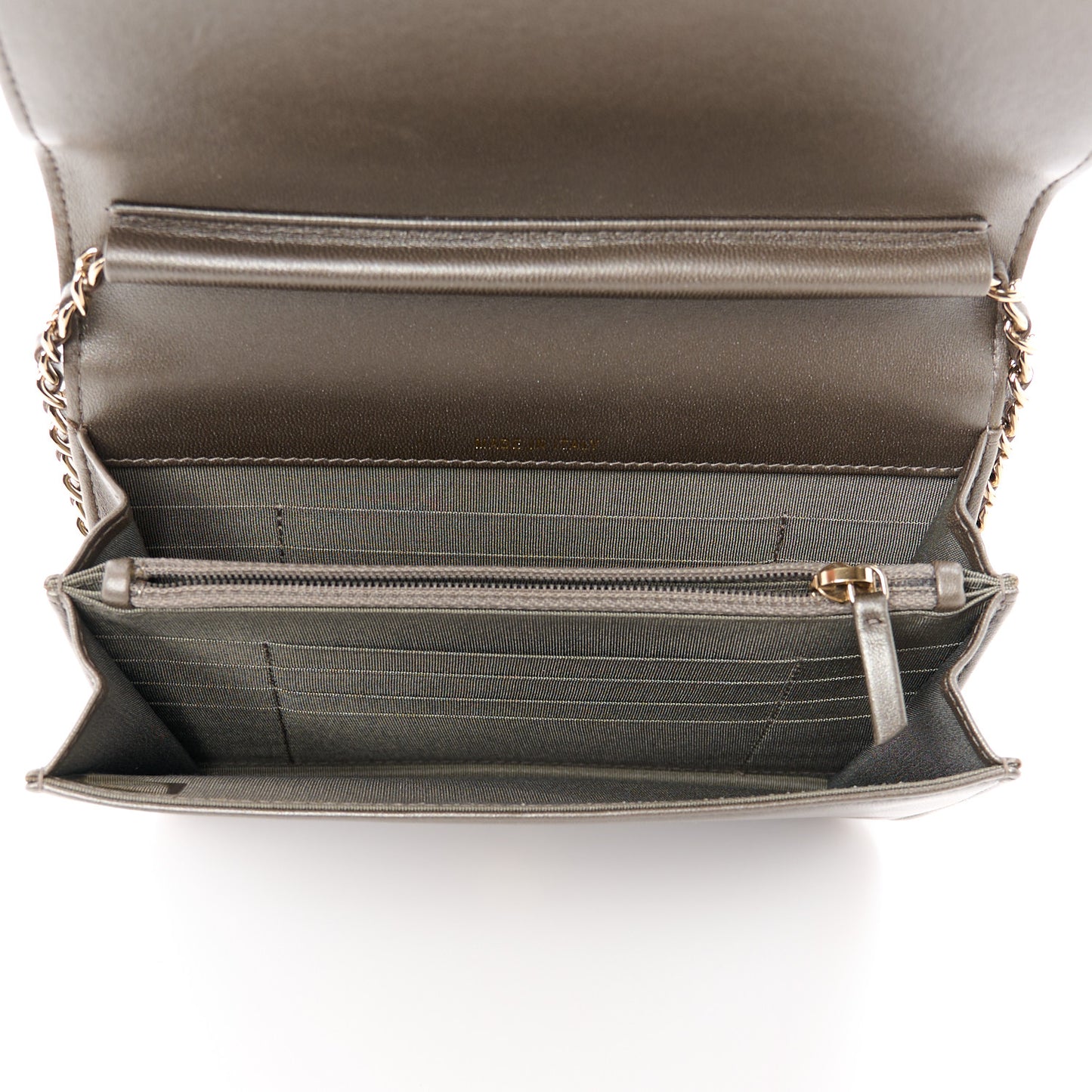 Metallic Lizard Lambskin Boy Square Wallet On Chain WOC Dark Khaki