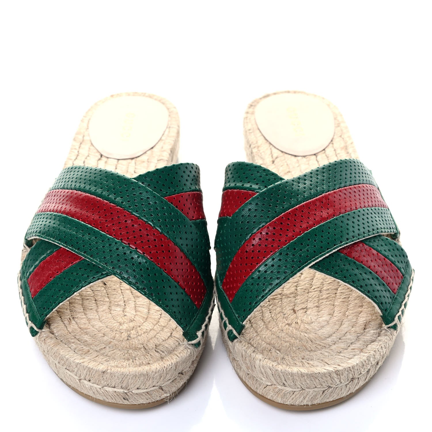 Gucci Malaga Kid Perforated Criss Cross Espadrille Slide Sandals 38 Emerald Hibiscus Red 4 of 6