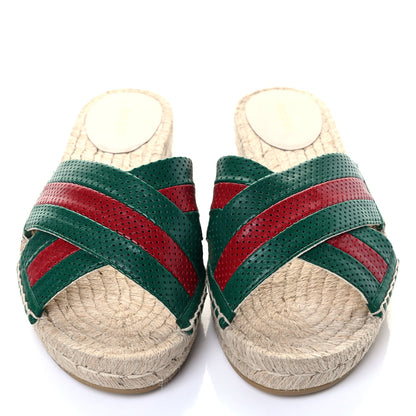 Gucci Malaga Kid Perforated Criss Cross Espadrille Slide Sandals 38 Emerald Hibiscus Red 4 of 6
