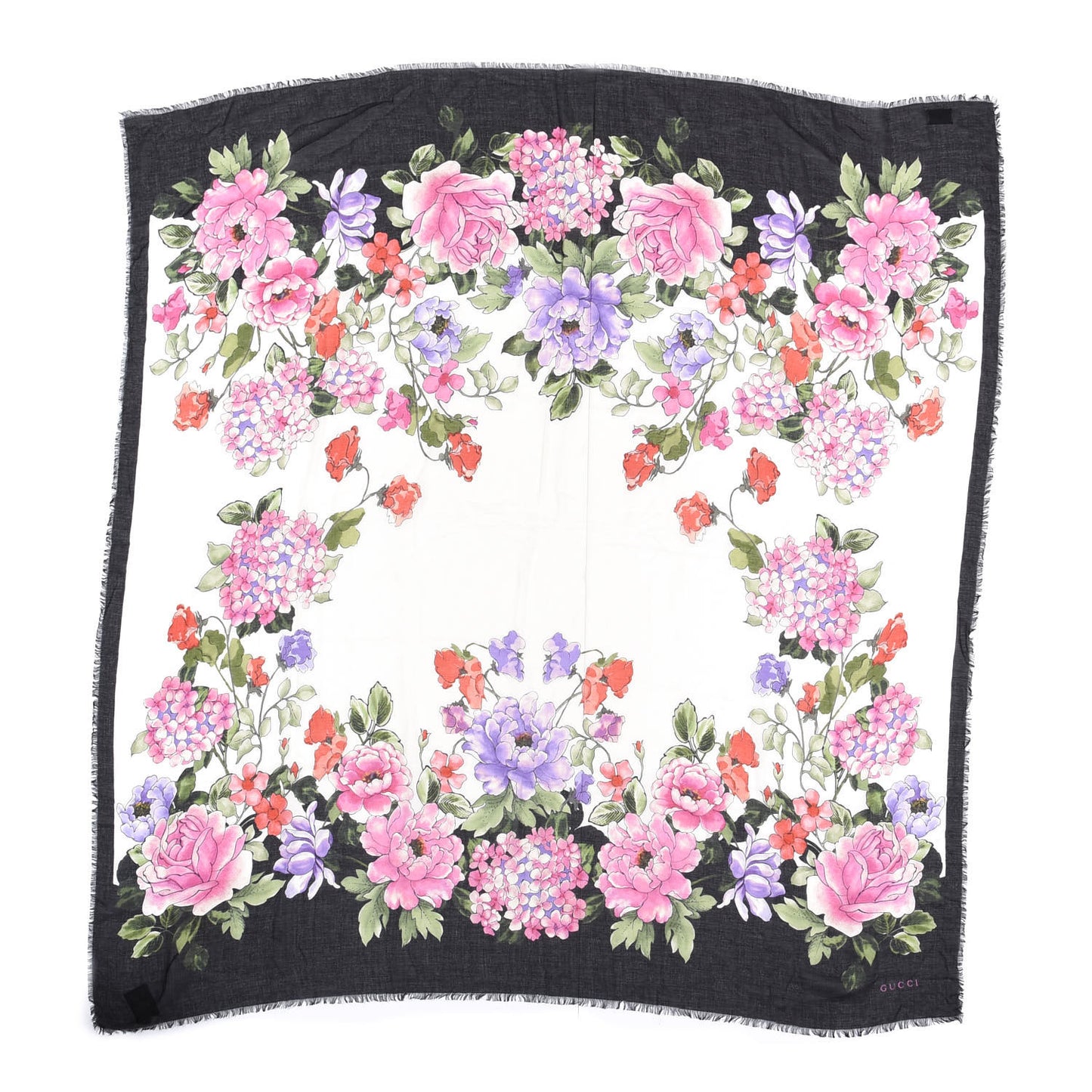 Wool Silk Rising Flowers Square Shawl White