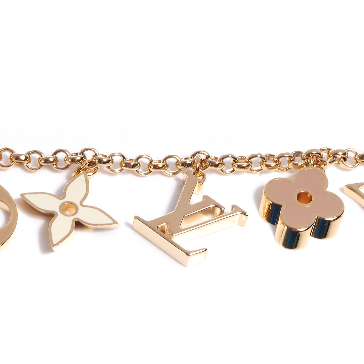 Brass Enamel Fleur De Monogram Bag Charm Chain Gold