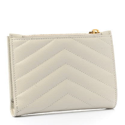 Saint Laurent Grain De Poudre Matelasse Chevron Monogram Zipped Card Case White 3 of 9