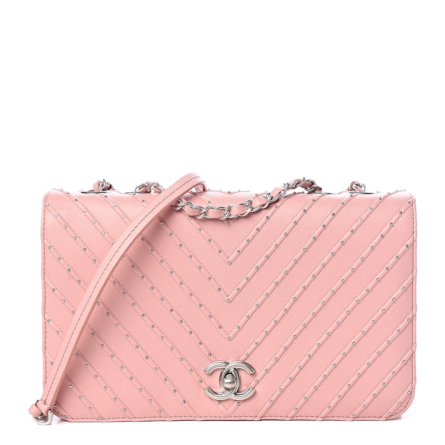 Calfskin Studded Chevron Quilted Flap Pink