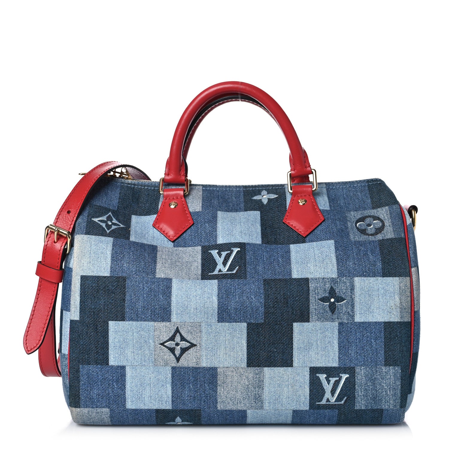 Louis Vuitton Denim Damier Monogram Patchwork Speedy Bandouliere 30 Blue Rouge 1 of 10