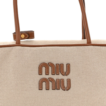 Miu Miu Canvas Calfskin Large Beau Top Handle Bag Naturale Brandy 7 of 10