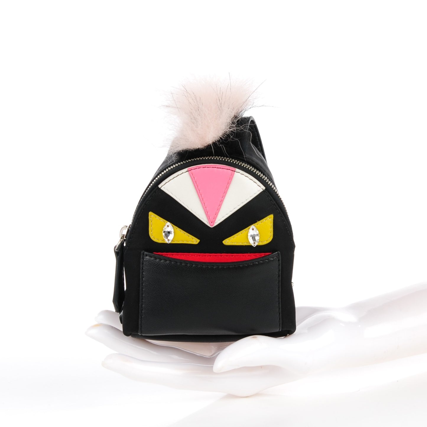 Nylon Shiny Nappa Nutria Fox Fur Monster Eyes Mini Backpack Charm Black Multicolor