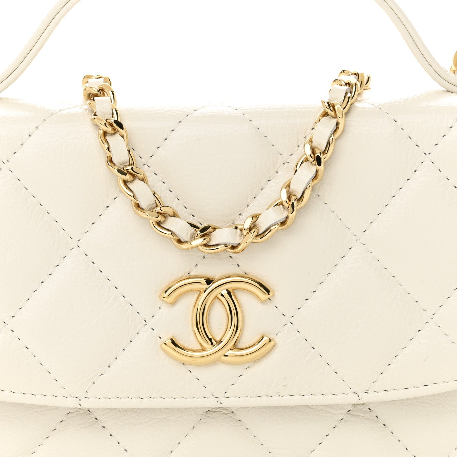 Chanel Shiny Aged Calfskin Quilted Top Handle Clutch With Chain White 8 of 11