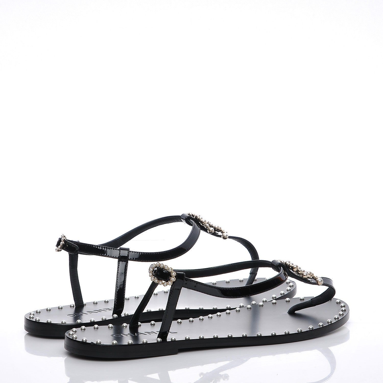Chanel Patent Pearl CC Thong Sandals 39 Black 4 of 8