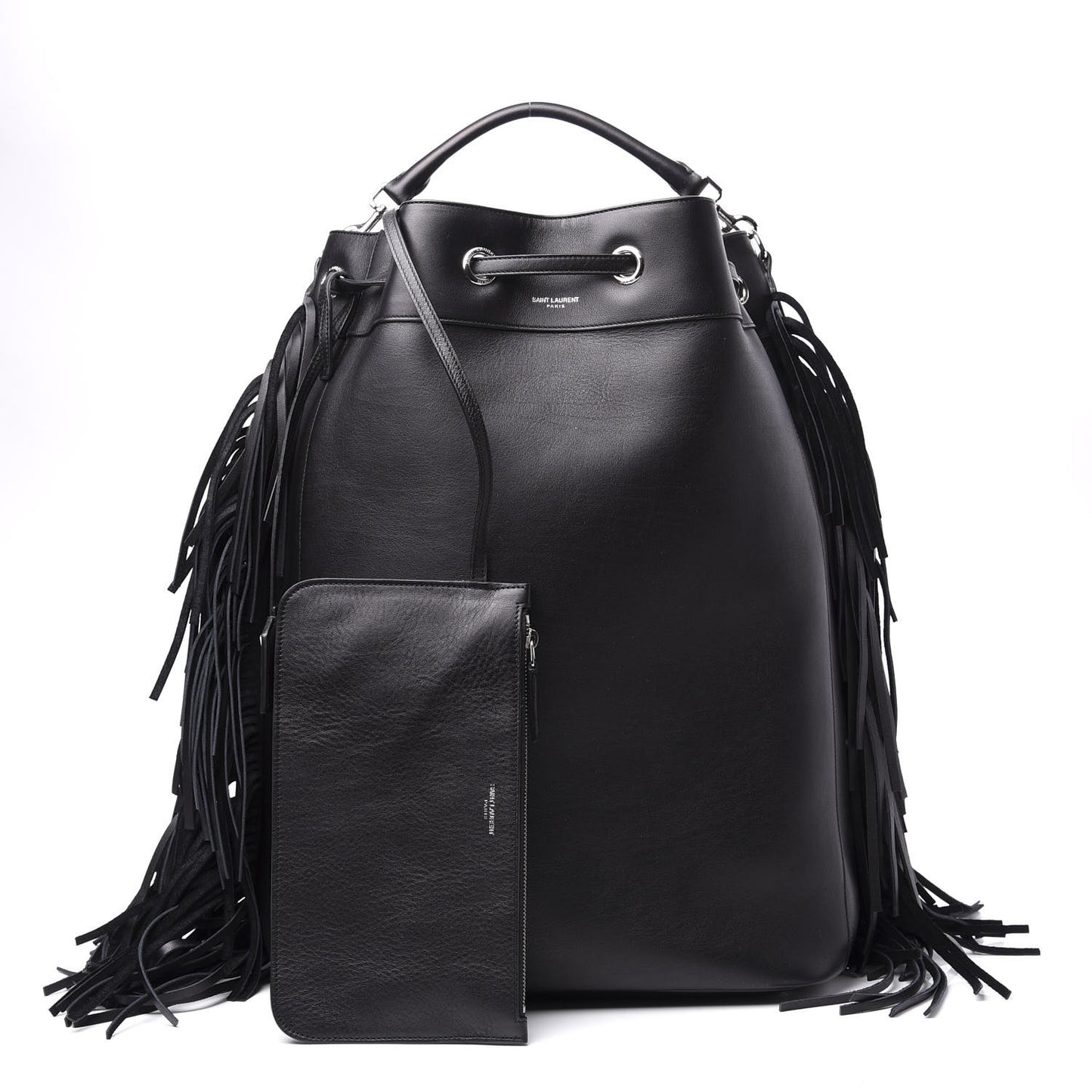 Calfskin Fringe Bucket Bag Black