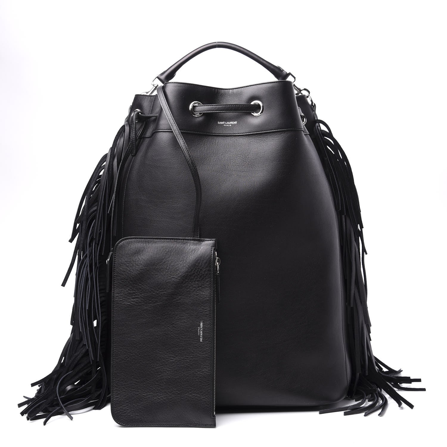 Saint Laurent Calfskin Fringe Bucket Bag Black 2 of 14