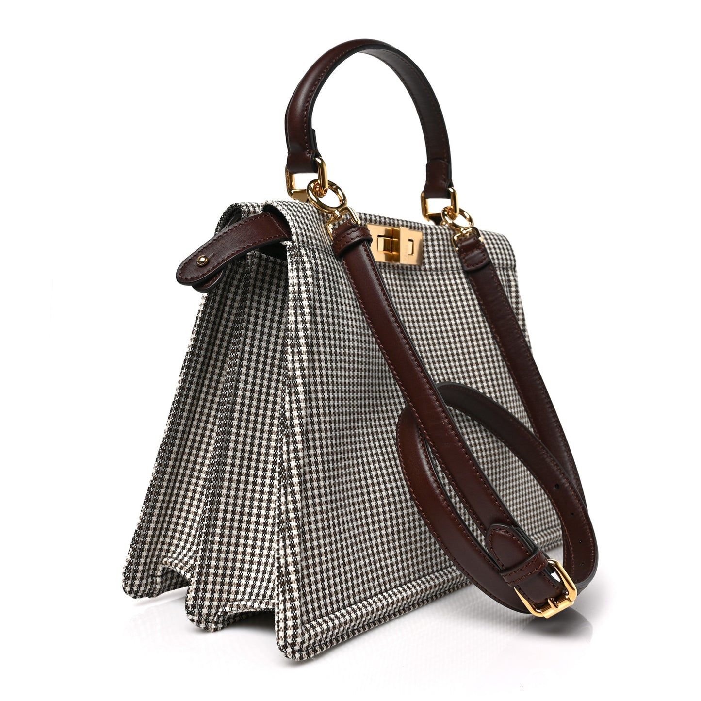 Wool Fabric Jacquard Cuoio Large Houndstooth FF 1974 Medium Peekaboo I SEE U Satchel Beige Tobacco Moro