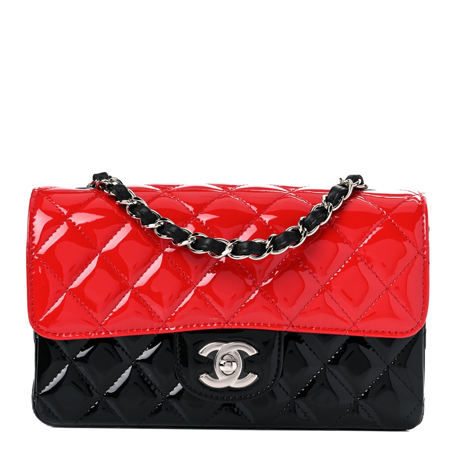 Patent Calfskin Quilted Bi-Color Mini Rectangular Flap Red Black