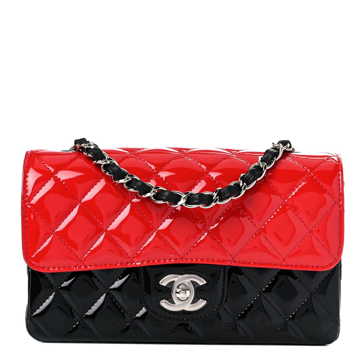 Chanel Patent Calfskin Quilted Bi-Color Mini Rectangular Flap Red Black 1 of 9