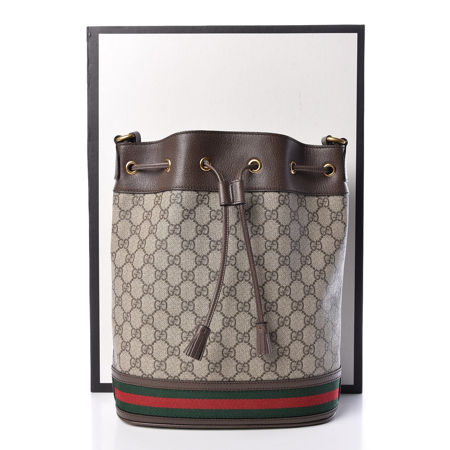GG Supreme Monogram Web Ophidia Bucket Bag Brown