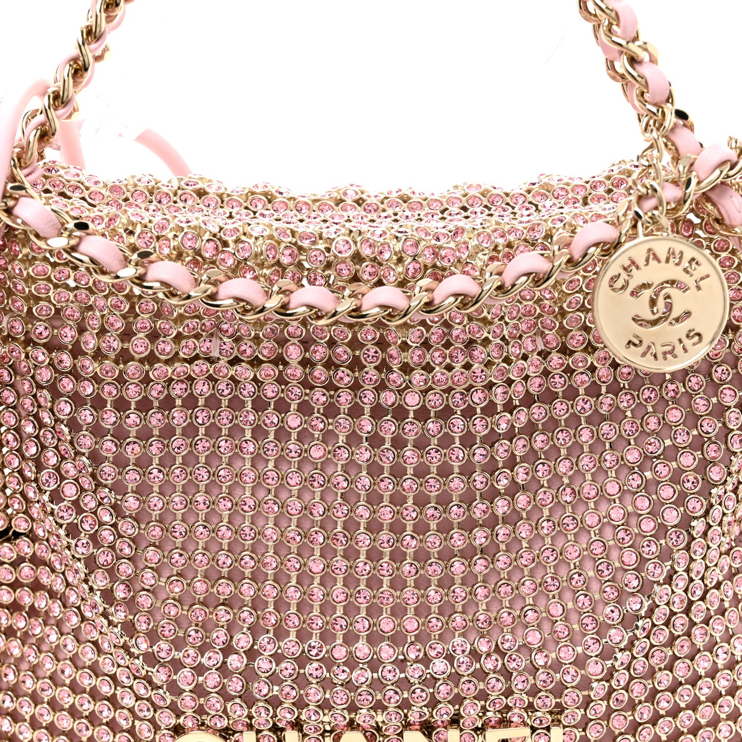 Crystal Embellished Metallic Lambskin Mini Chanel 22 Light Pink