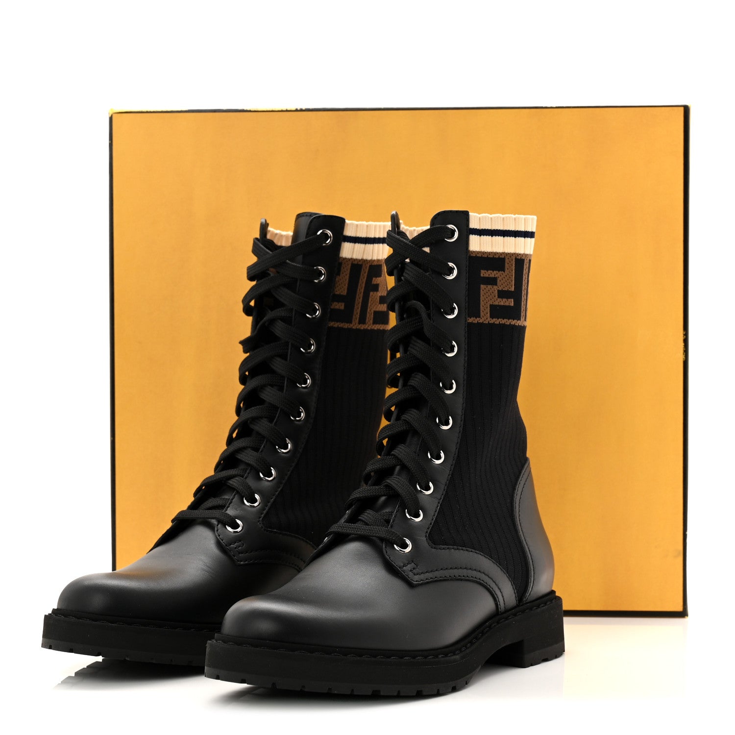 Fendi Calfskin Stretch Fabric Rockoko Biker Boots 37 Tobacco Black Marino 9 of 9