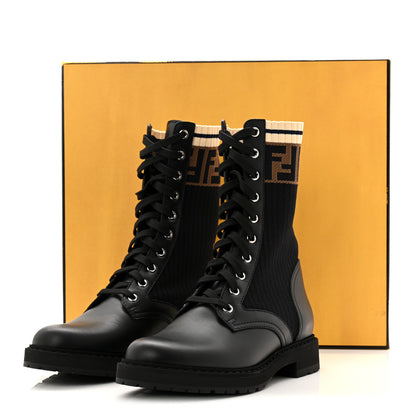 Fendi Calfskin Stretch Fabric Rockoko Biker Boots 37 Tobacco Black Marino 9 of 9