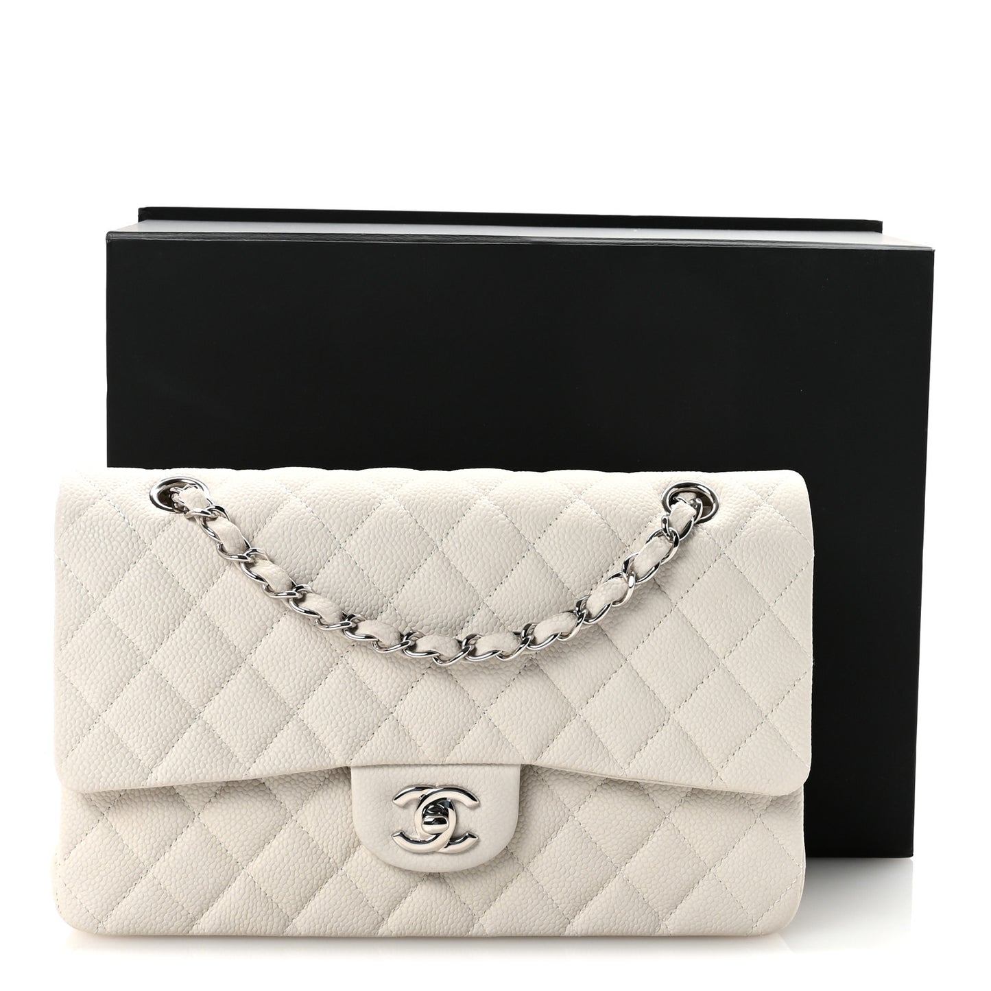 Iridescent Caviar Quilted Medium Double Flap Off White