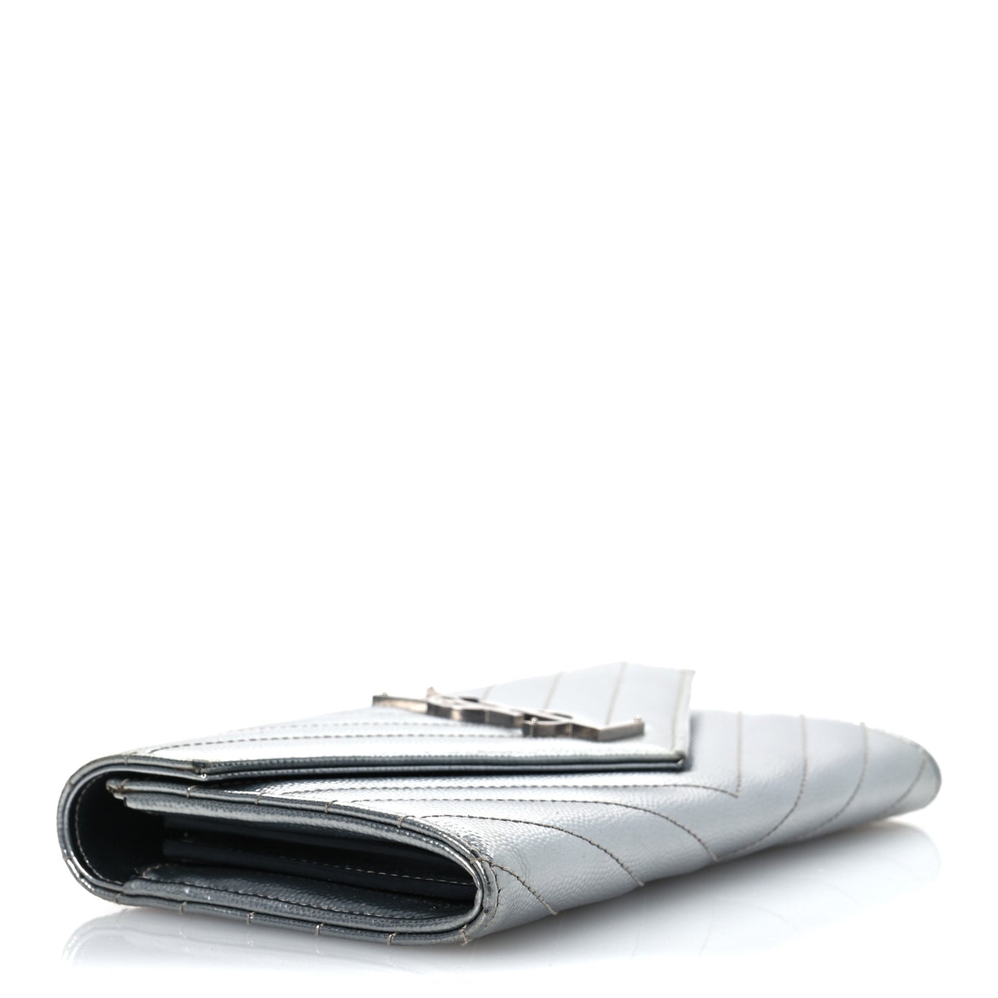 Metallic Grain De Poudre Matelasse Chevron Monogram Flap Wallet Silver