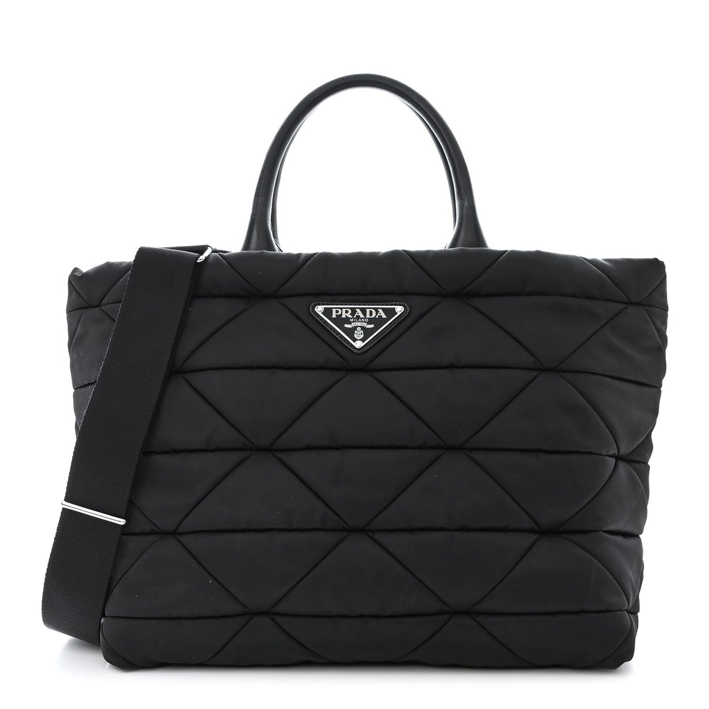 Re-Nylon Nappa Triangle Quilted Padded Medium Double Handled Zip Tote Black