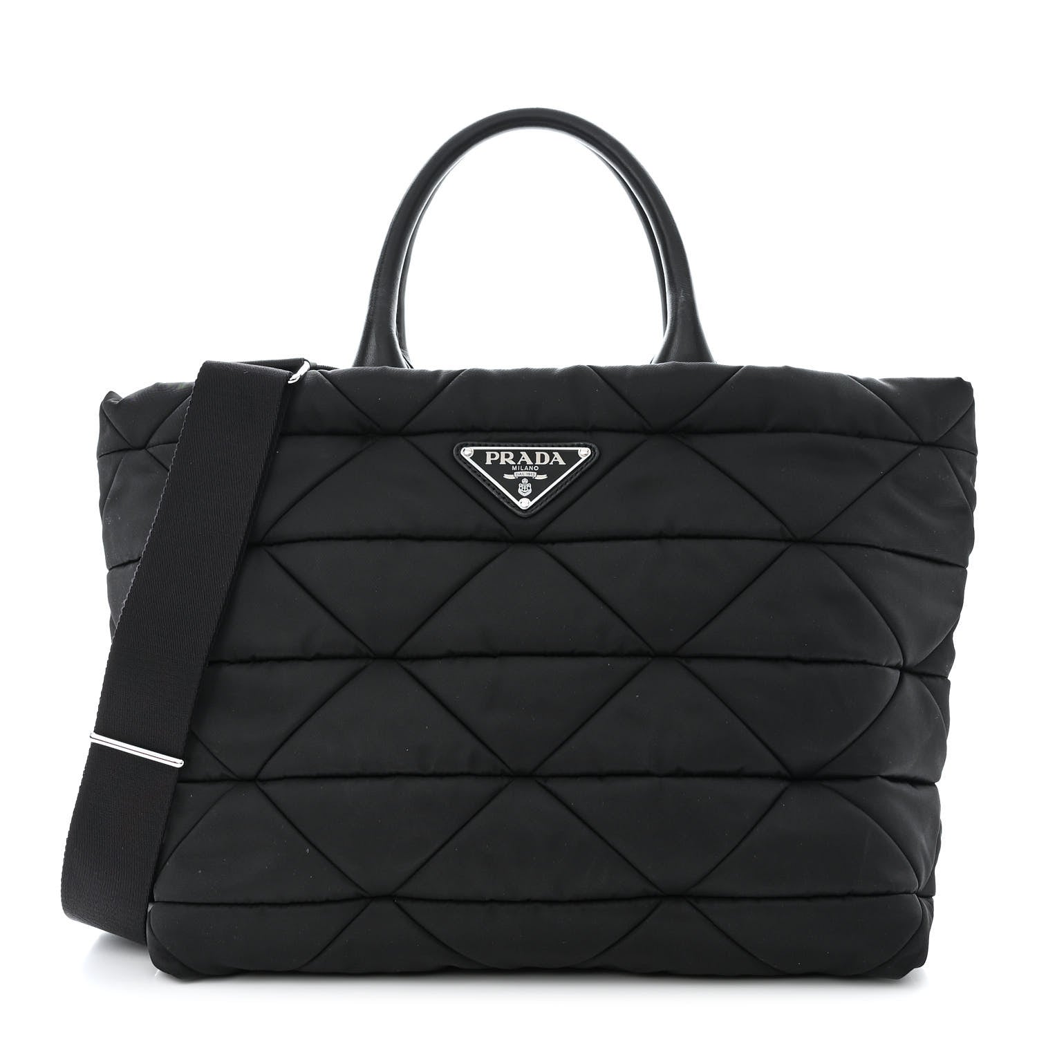 Prada Re-Nylon Nappa Triangle Quilted Padded Medium Double Handled Zip Tote Black 1 of 12