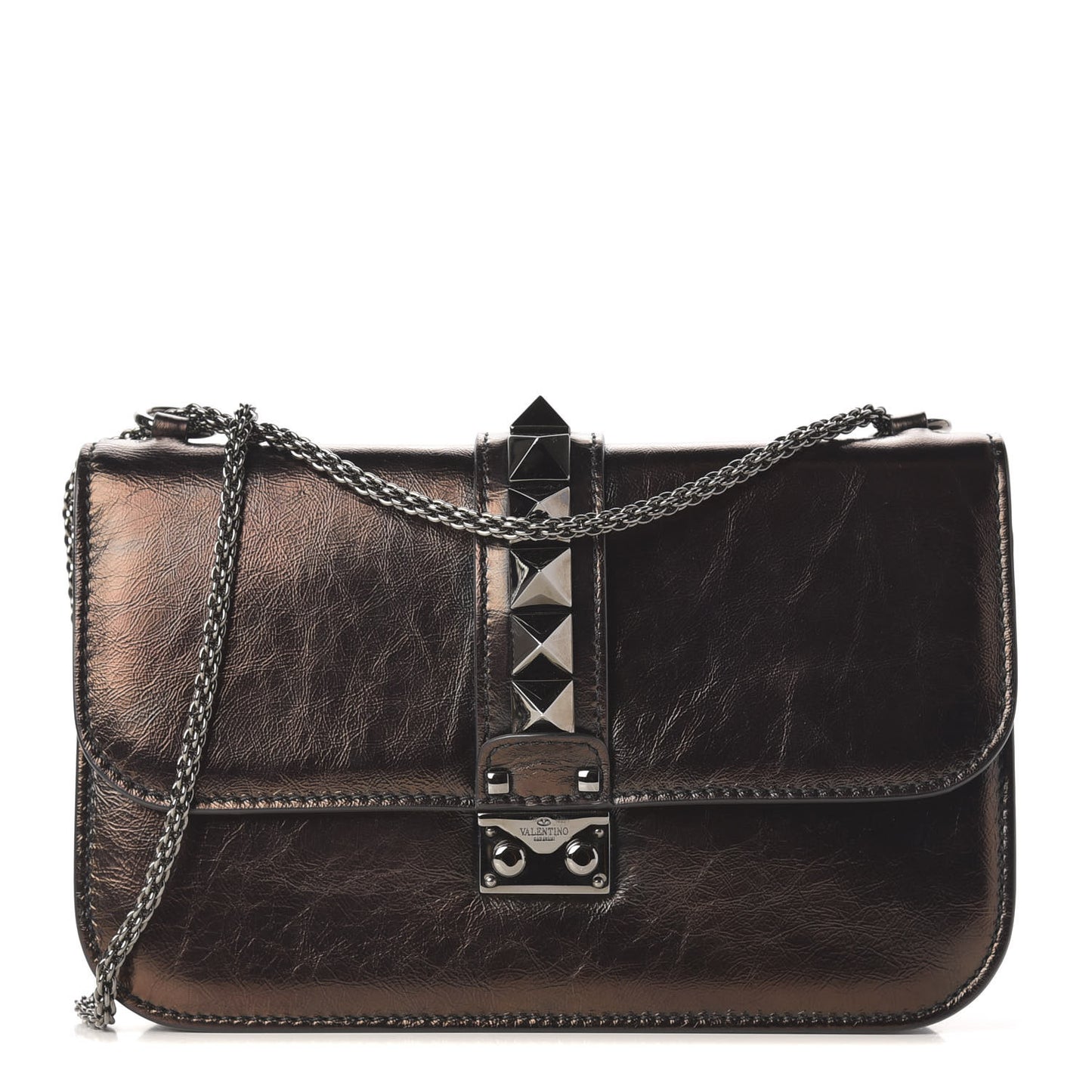 Craquele Calfskin Medium Glam Lock Rockstud Flap Black