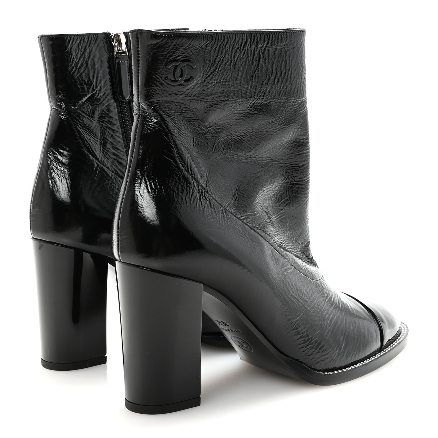 Shiny Calfskin Patent Cap Toe CC Short Boots 38.5 Black
