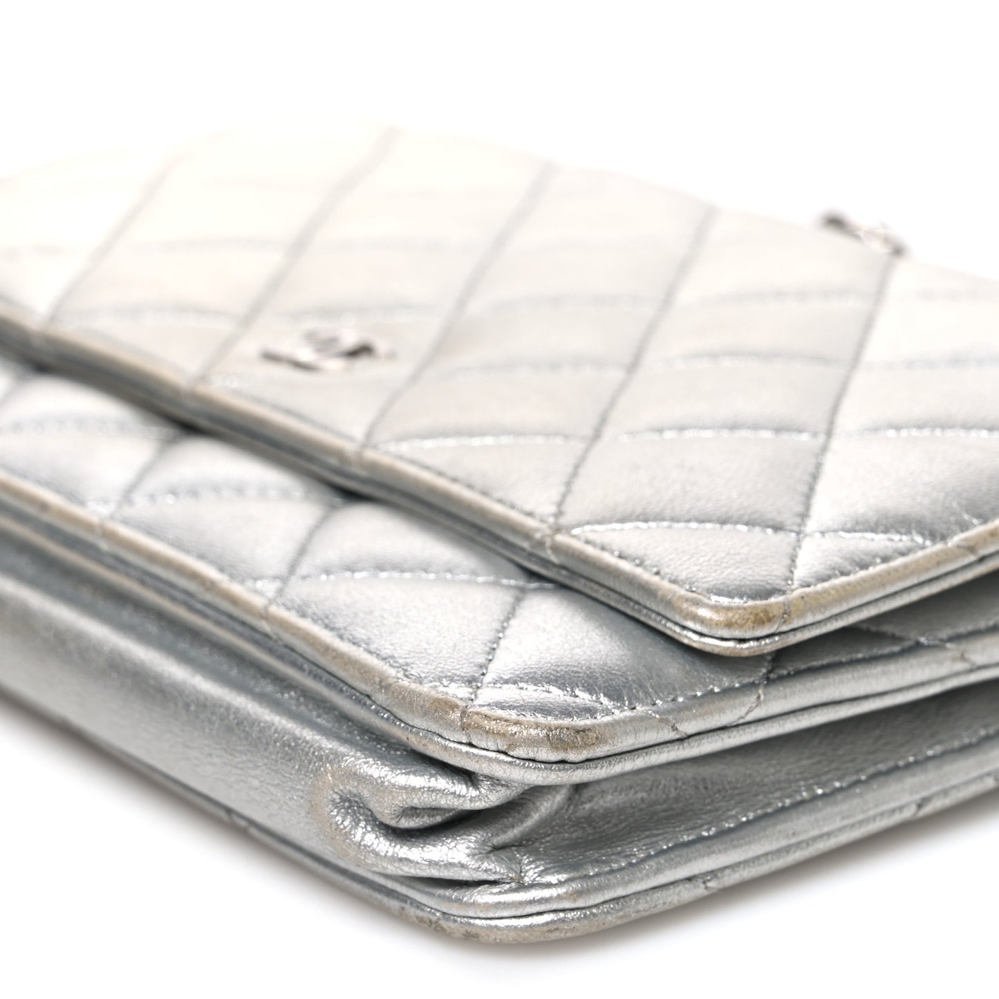 Metallic Lambskin Quilted Wallet On Chain WOC Silver