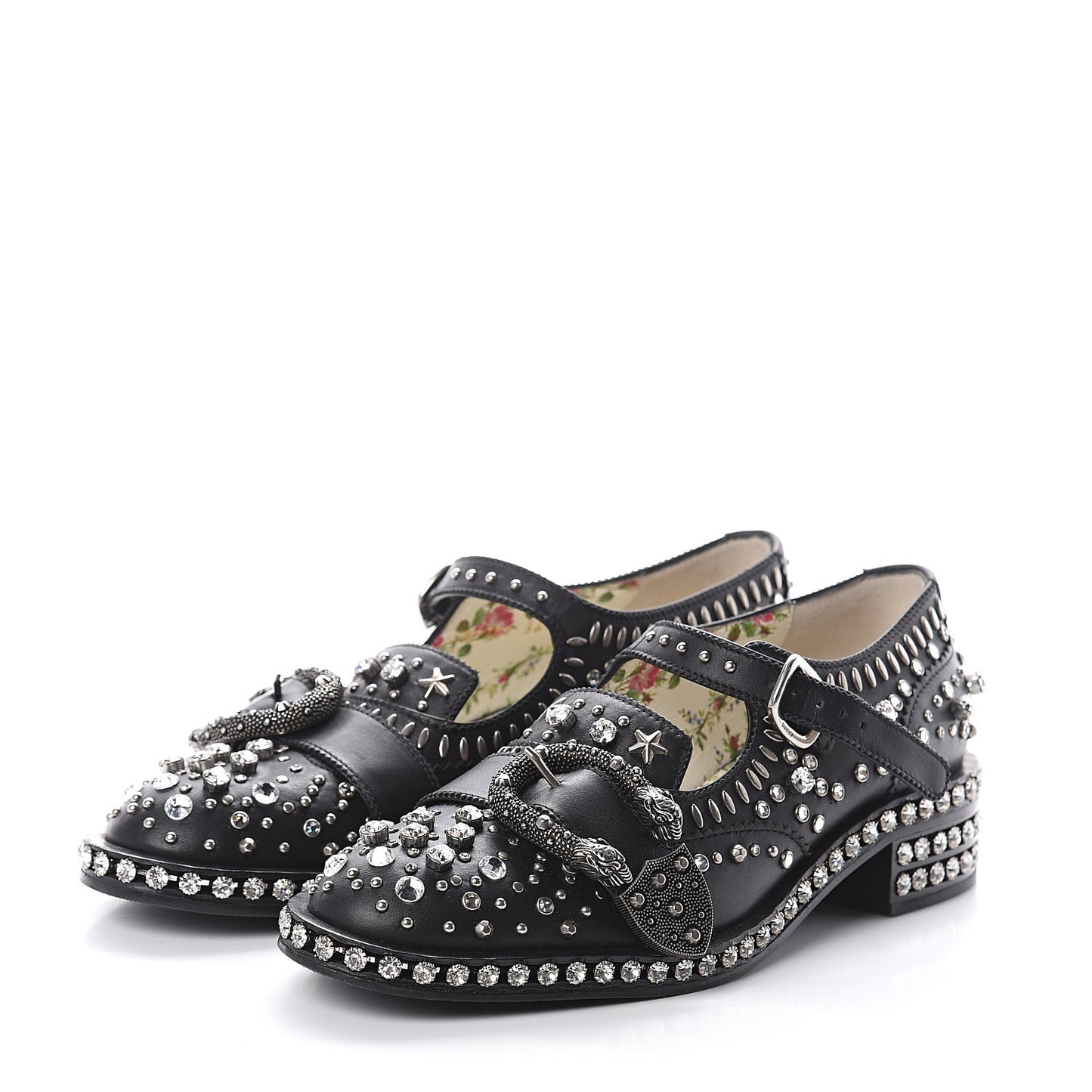 Calfskin Crystal Studded Womens Queercore Brogue Monk Strap Loafers 36.5 Black