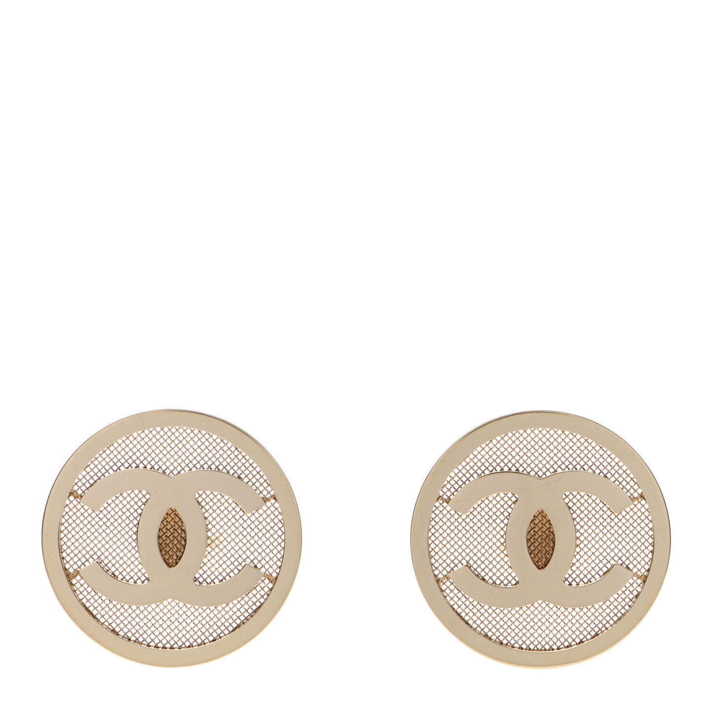 Metal Mesh Circle CC Clip On Earrings Gold