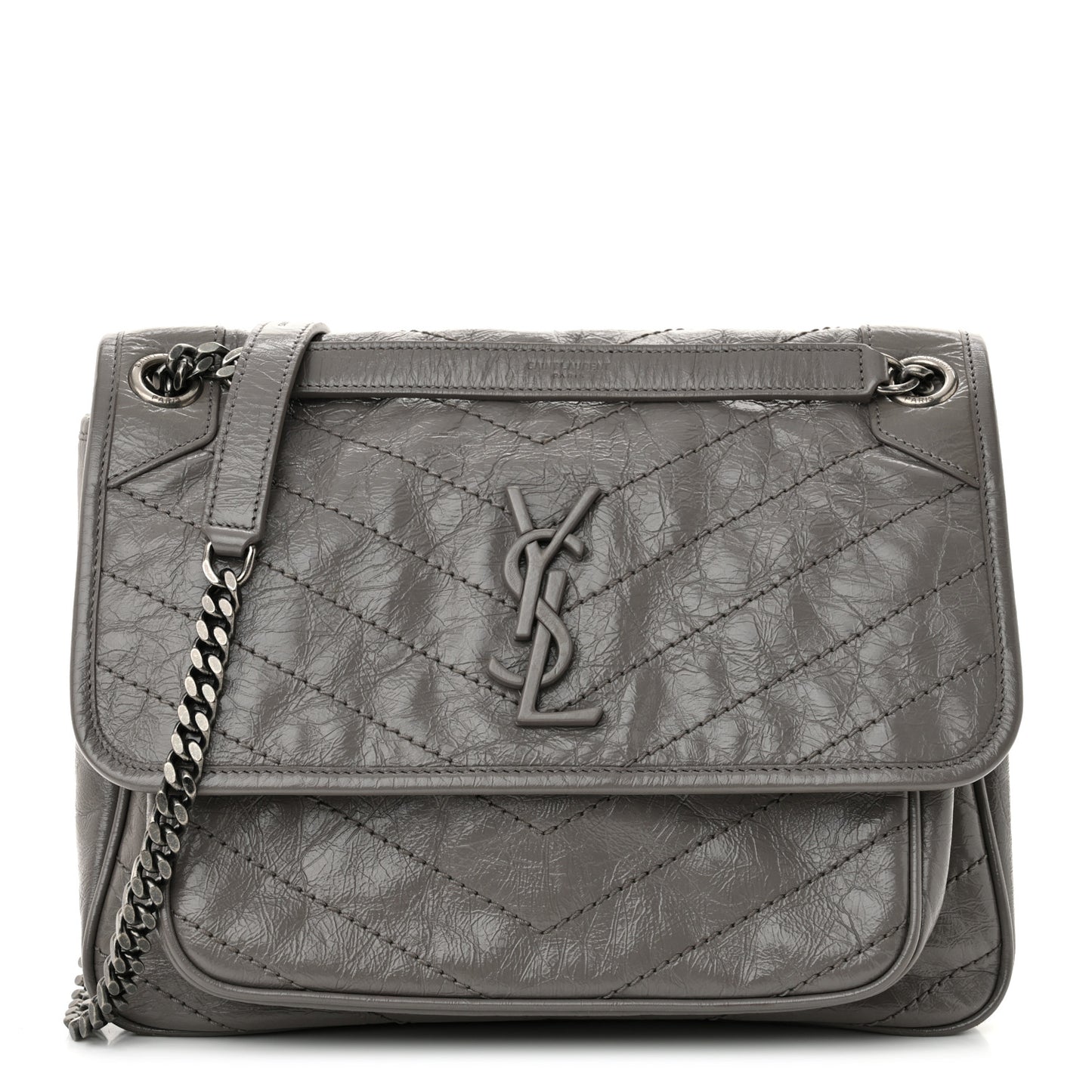 Crinkled Calfskin Matelasse Monogram Medium Niki Chain Satchel Fog