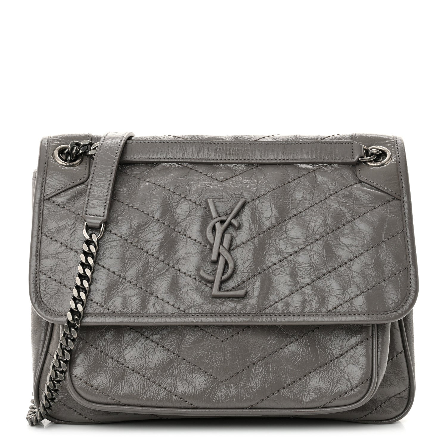 Saint Laurent Crinkled Calfskin Matelasse Monogram Medium Niki Chain Satchel Fog 1 of 12