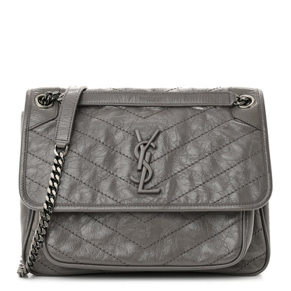 Saint Laurent Crinkled Calfskin Matelasse Monogram Medium Niki Chain Satchel Fog 1 of 12