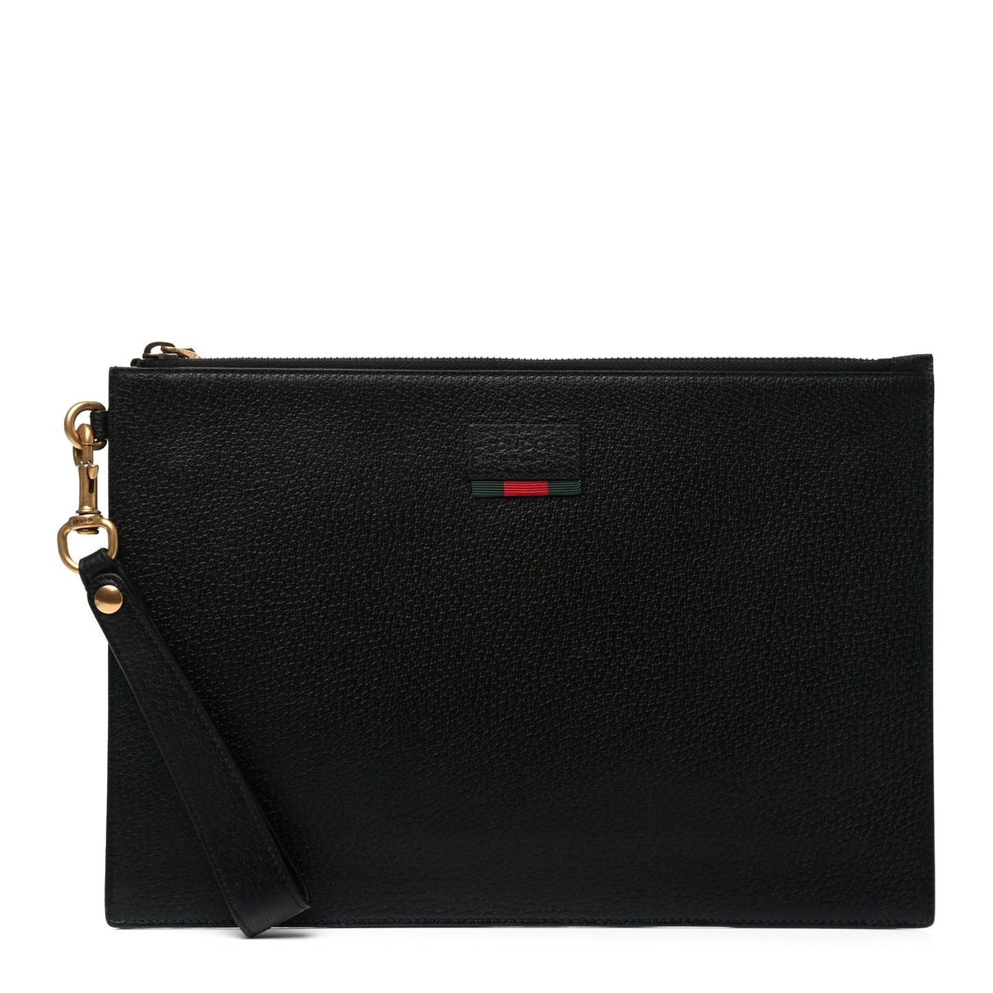 Dollar Calfskin Boar Effect Web Zip Wristlet Pouch Black