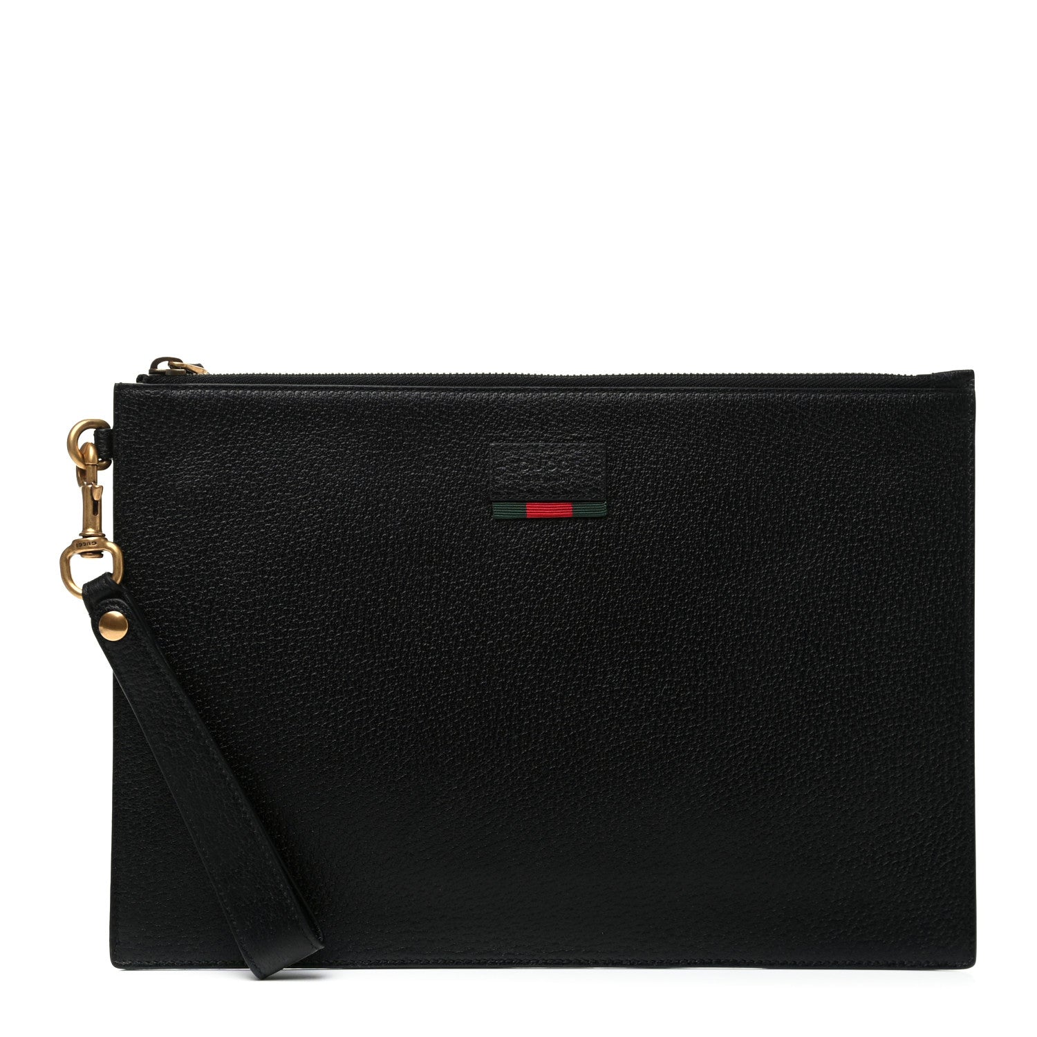 Gucci Dollar Calfskin Boar Effect Web Zip Wristlet Pouch Black 1 of 6