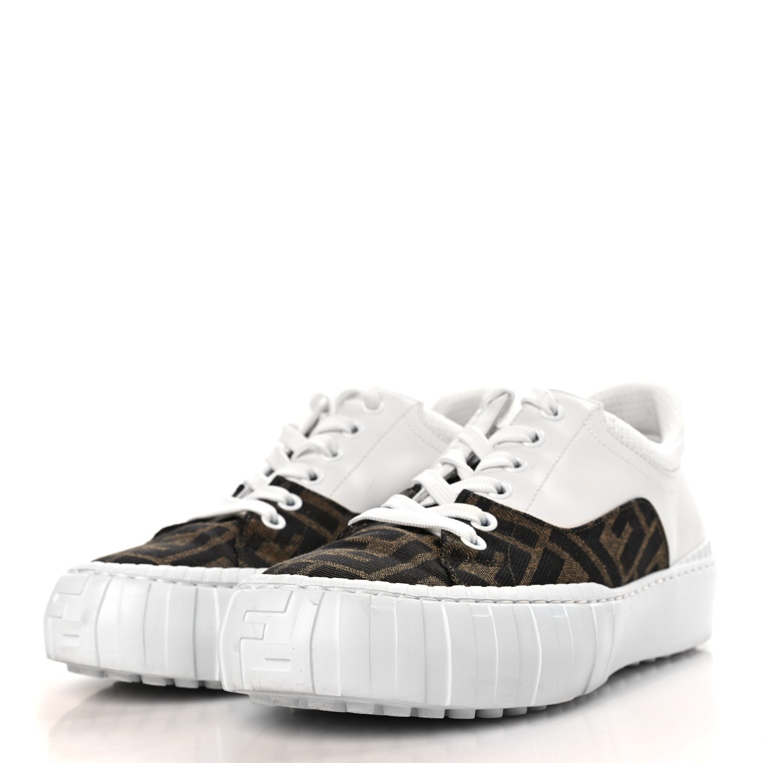 Fendi Fabric Jacquard Vitello Technical Fabric FF Womens Fendi Force Low Top Sneakers 36 Tobacco Black Ultra White White 3 of 11