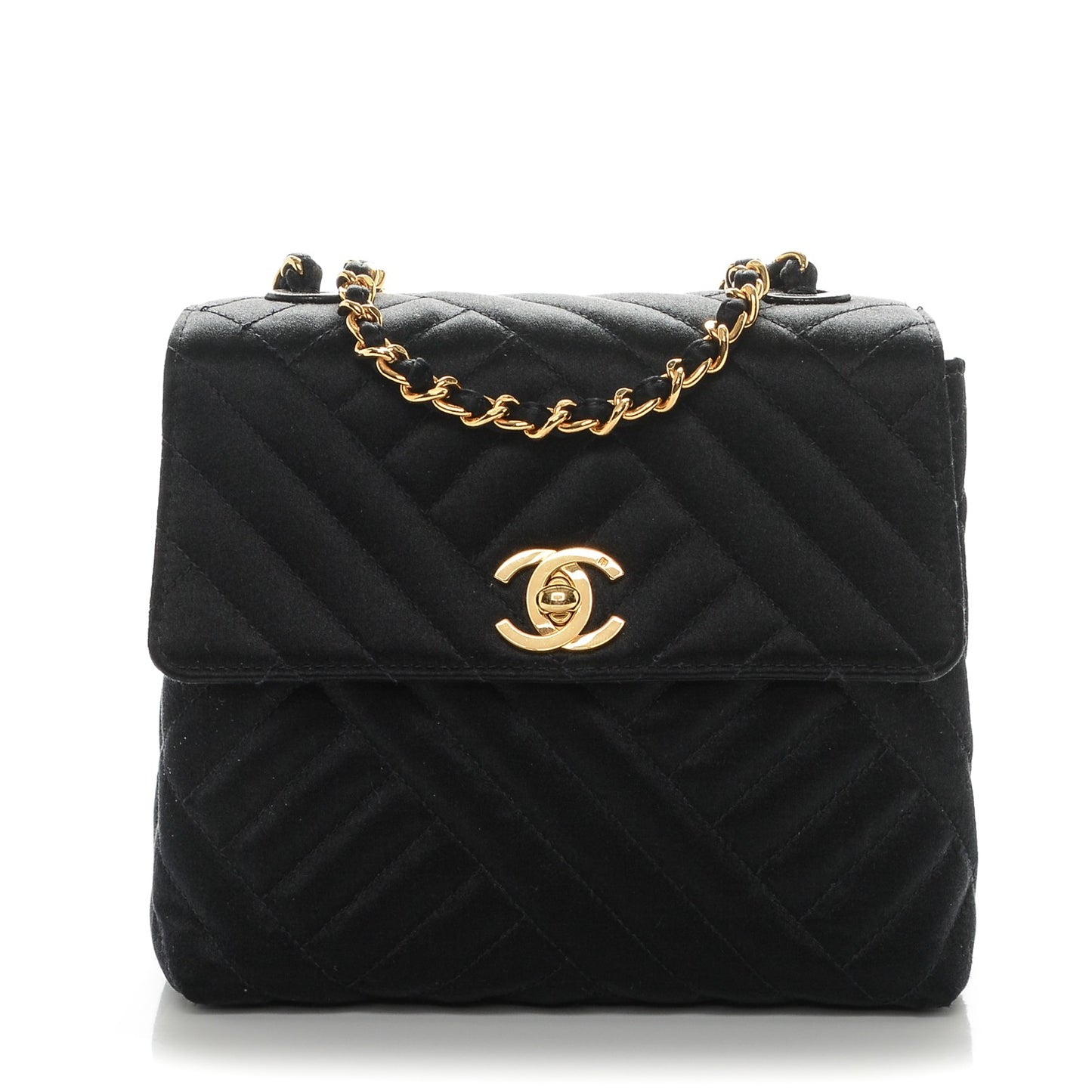 Satin Diagonal Quilted Mini Square Flap Black