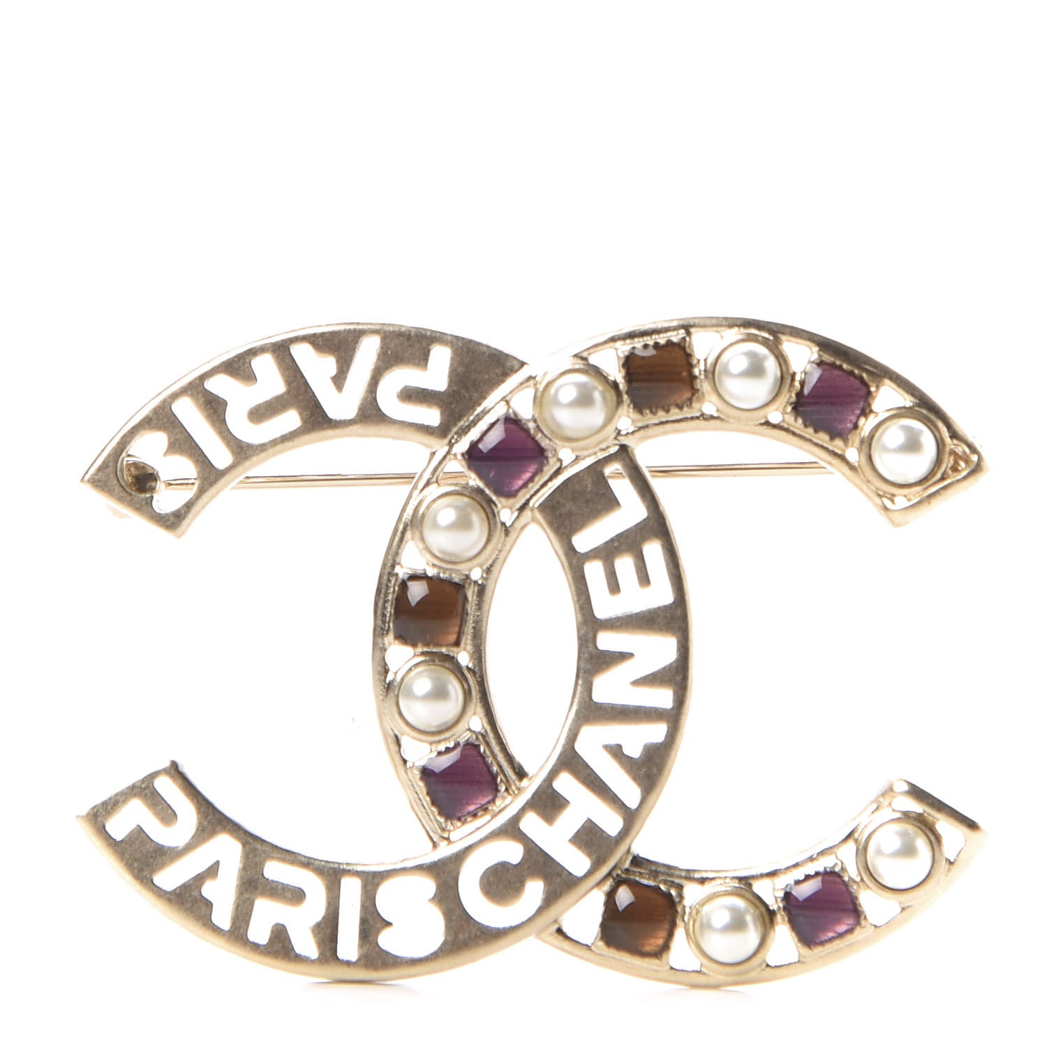 Chanel Crystal Pearl Glass CC Logo Brooch Gold Pink Orange 1 of 5