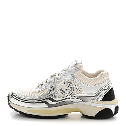 Chanel Fabric Laminated Calfskin Stretch CC Sneakers 36 White Silver 1 of 10