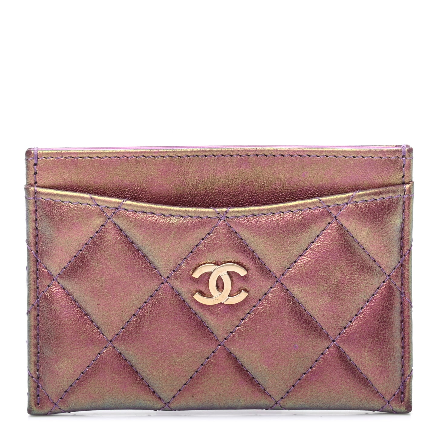 Iridescent Lambskin Quilted Card Holder Purple