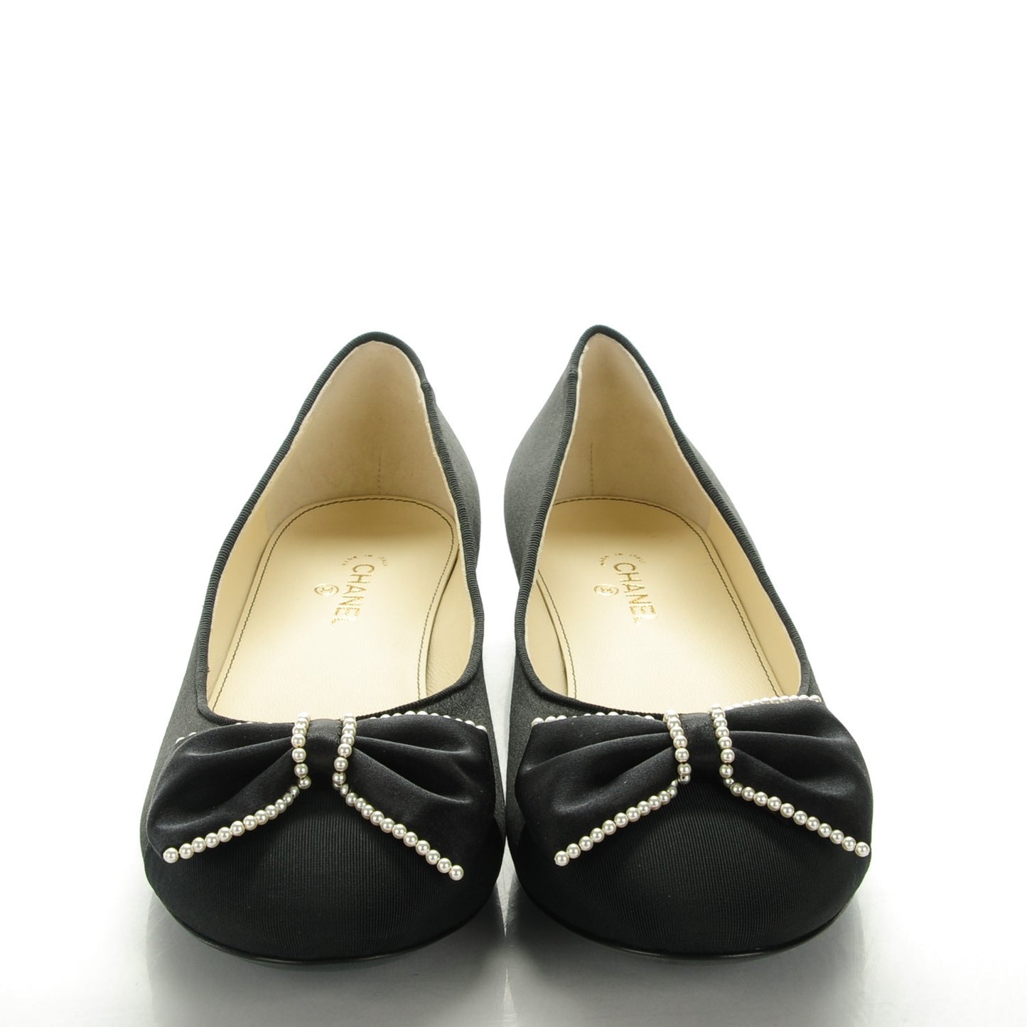 Satin Pearl Bow Ballerina Cap Toe Flats 40 Black