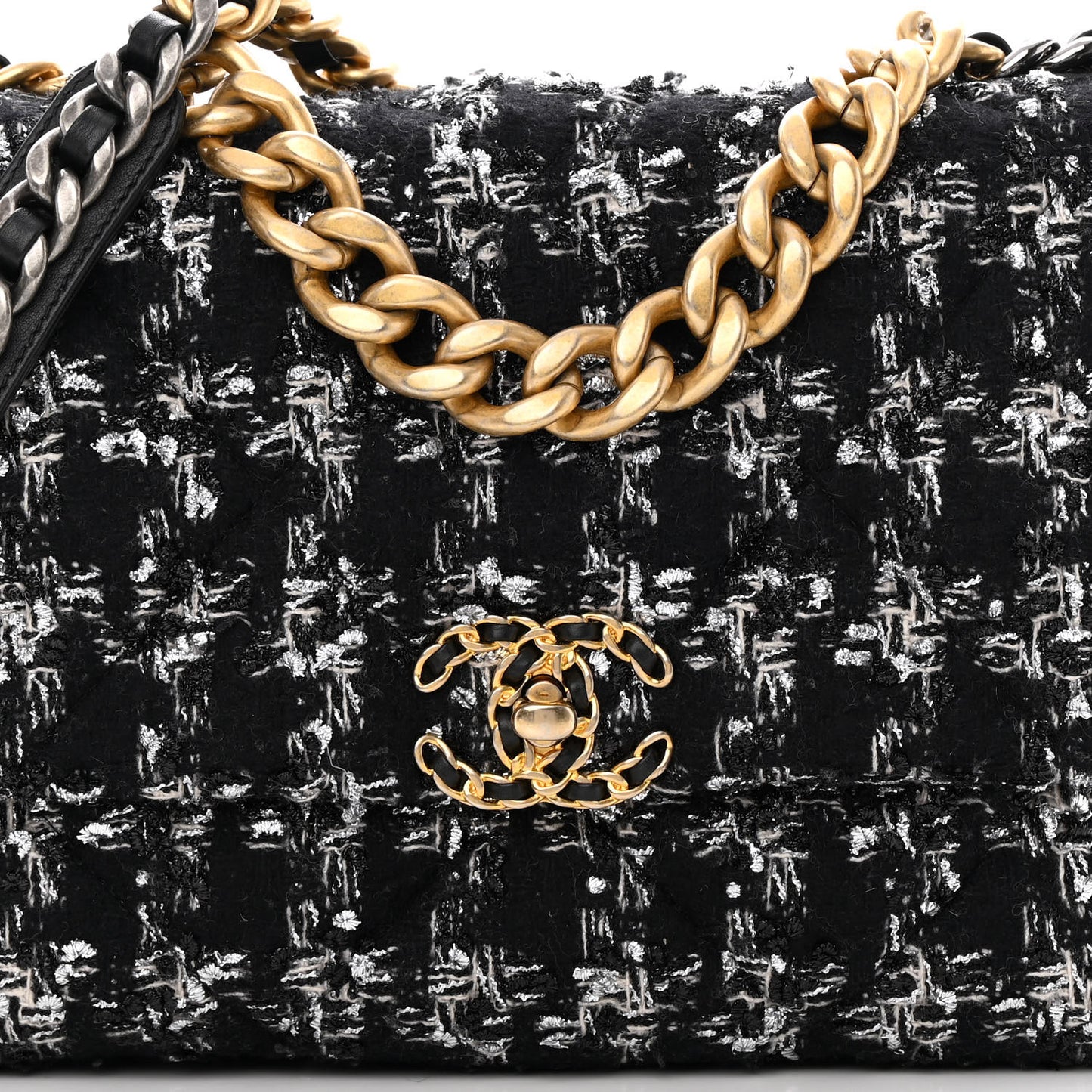 Tweed Quilted Large Chanel 19 Flap Black Silver Ecru